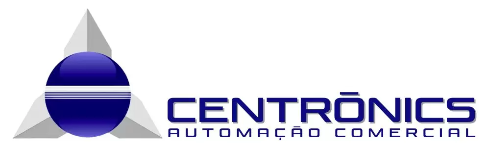 Logo marca da centronics, feita por uma piramide na cor azul e cinza e o nome ao lado