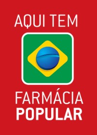 logomarca da farmácia popular. Uma bandeira do brasil no meio e um quadrado vermelho ao redor