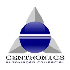 logo da centronics. Uma piramide cinza com uma circunferência dentro em azul